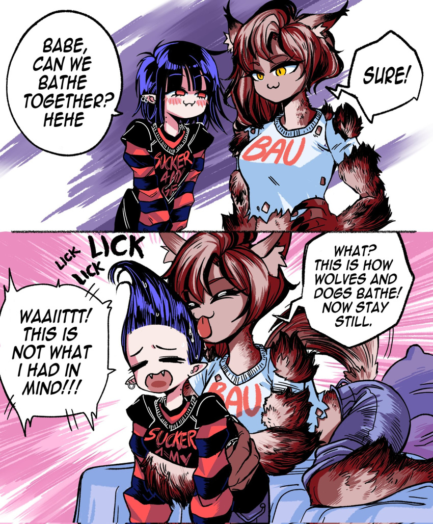 2girls animal_ears bed black_hair brown_hair dog_ears dog_tail english_text fangs grs- highres licking_another's_hair multiple_girls no_nose original pants pillow pointy_ears print_shirt purple_pants red_eyes shirt short_sleeves speech_bubble tail tongue tongue_out vampire werewolf yellow_eyes yuri