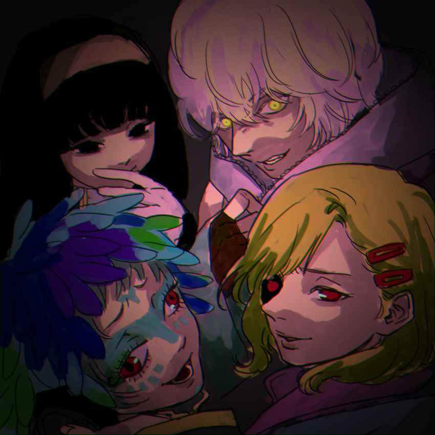 1boy 1girl 2others black_eyes black_hair corruption dark_persona eri_(difference) eyelashes gloves gnosia hair_between_eyes hairband highres hime_cut looking_at_viewer multiple_others raqio red_eyes remnan_(gnosia) setsu_(gnosia) solo straight_hair user_whzg7557 yuriko_(gnosia)