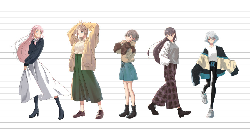 5girls absurdres arms_up bang_dream! bang_dream!_it's_mygo!!!!! black_footwear black_pants black_sweater blue_eyes blue_shorts boots brown_cardigan brown_eyes brown_footwear brown_hair brown_sweater cardigan chihaya_anon closed_mouth commentary_request green_skirt grey_eyes grey_hair grey_sweater_vest grin hands_in_pockets heterochromia high_heel_boots high_heels highres jacket kaname_raana leggings long_hair long_sleeves looking_at_viewer mole mole_under_eye multiple_girls mygo!!!!!_(bang_dream!) nagasaki_soyo off_shoulder open_cardigan open_clothes open_jacket pants parted_lips pink_hair plaid plaid_pants purple_eyes purple_pants shiina_taki shirt shoes short_hair shorts shu_atelier skirt skirt_hold sleeves_past_fingers sleeves_past_wrists smile sneakers standing standing_on_one_leg striped_background sweater sweater_vest takamatsu_tomori turtleneck turtleneck_sweater walking white_background white_footwear white_hair white_shirt white_skirt