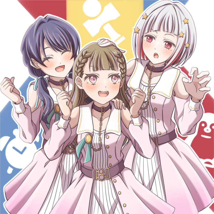 3girls :d :o ^_^ belt blue_background blue_hair blue_ribbon blunt_bangs blush bob_cut braid brown_belt brown_choker brown_hair center-flap_bangs choker claw_pose clenched_hand clenched_hands closed_eyes clothing_cutout collarbone collared_dress colored_inner_hair commentary_request dark_blue_hair diagonal_bangs dollchestra dream_believers_(love_live!) dress ganbarai gradient_dress green_ribbon grey_background grey_hair hair_ornament hair_ribbon hand_on_another's_head highres inverted_bob kachimachi_kosuzu link!_like!_love_live! logo long_hair long_sleeves looking_at_another love_live! low_twintails multicolored_hair multiple_girls murano_sayaka open_clothes open_dress open_mouth pink_dress pink_eyes red_background red_eyes red_hair ribbed_dress ribbon short_hair shoulder_cutout side_braids sleeve_cuffs smile star_(symbol) star_hair_ornament straight_hair streaked_hair teeth twintails upper_teeth_only v-shaped_eyebrows virtual_youtuber white_dress yellow_background yugiri_tsuzuri