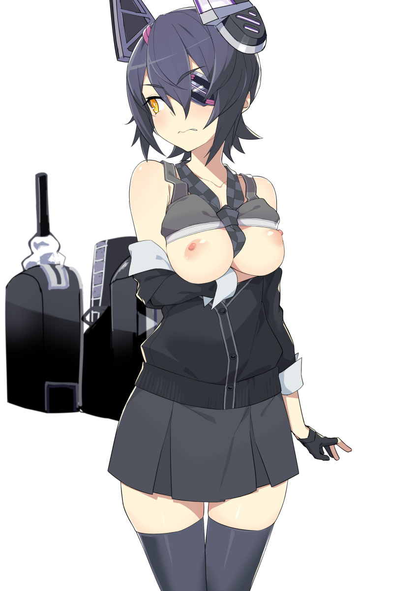 1girl absurdres black_cardigan black_gloves black_hair black_necktie breasts breasts_out cardigan checkered_necktie collarbone fingerless_gloves gloves grey_skirt head_out_of_frame highres kantai_collection medium_breasts morisobo necktie nipples short_hair simple_background skirt solo tenryuu_(kancolle) thighs wavy_mouth white_background yellow_eyes