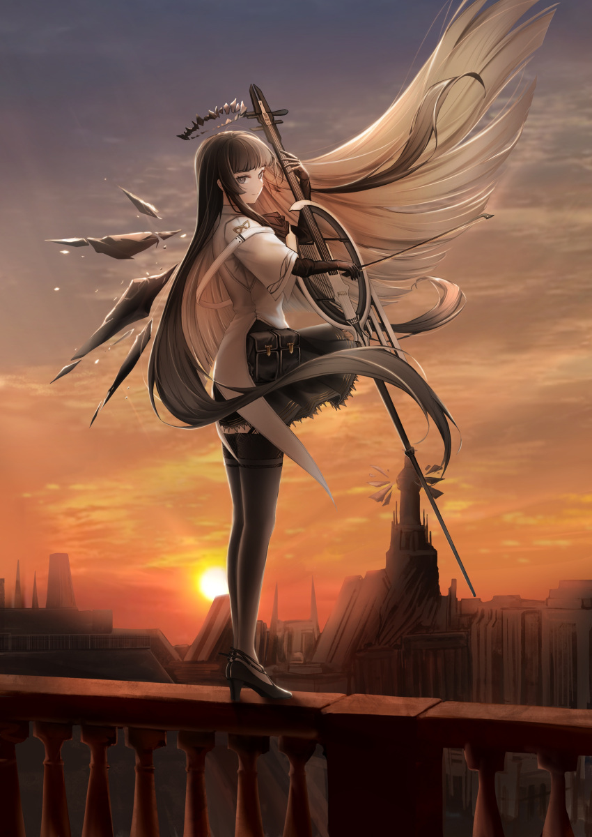 1girl absurdres architecture arknights arm_up ascot backlighting black_ascot black_footwear black_garter_straps black_gloves black_hair black_halo black_skirt black_thighhighs black_wings blue_sky bow_(music) bright_pupils broken_halo building cello closed_mouth cloud cloudy_sky coat colored_inner_hair commentary dark_halo detached_wings energy_wings floating_clothes floating_hair from_side full_body garter_straps gloves grey_eyes grey_hair halo hand_up high_heels highres holding holding_bow_(music) holding_instrument horizon instrument layered_sleeves legs legs_together light_rays light_smile long_hair long_sleeves looking_at_viewer looking_to_the_side mihaia miniskirt multicolored_hair multicolored_sky music orange_sky outdoors playing_instrument pleated_skirt pouch profile shade shadow short_over_long_sleeves short_sleeves sidelocks skirt sky solo standing statue straight_hair strap strappy_heels sun sunlight sunset tailcoat thighhighs thighs two-tone_hair very_long_hair virtuosa_(arknights) white_coat white_pupils wide_sleeves wind wings zettai_ryouiki