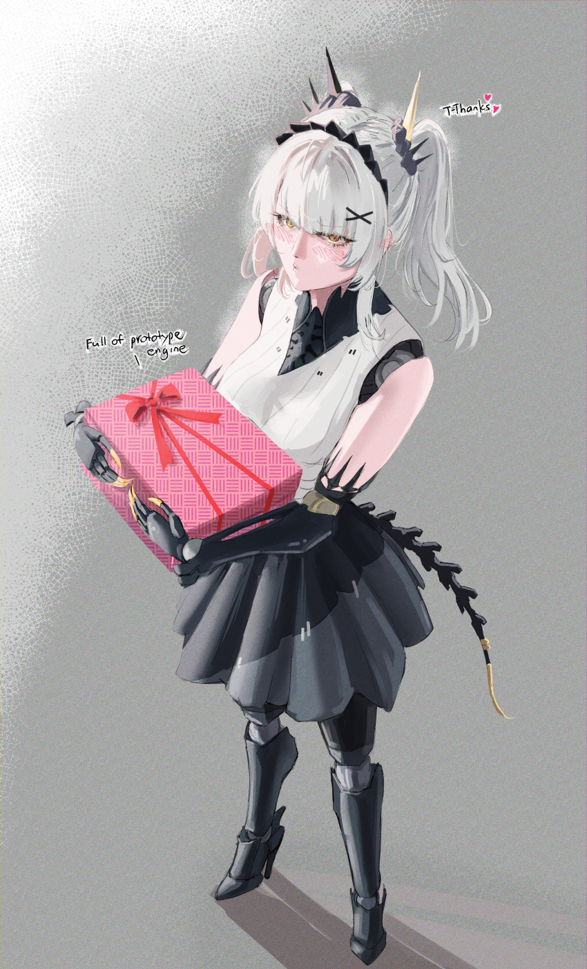 1girl absurdres black_skirt blush bow english_commentary english_text gift grey_hair hair_ornament highres holding holding_gift joints karenina:_scire_(maleficent)_(punishing:_gray_raven) karenina_(punishing:_gray_raven) long_hair mairu_(user_2757) mechanical_arms mechanical_legs mechanical_parts mechanical_tail orange_eyes punishing:_gray_raven red_bow shirt skirt solo tail tsundere twintails white_shirt x_hair_ornament