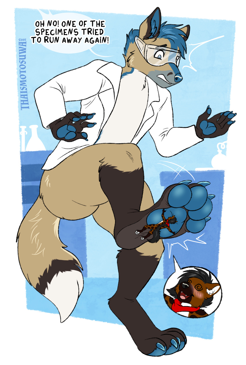 2023 absurd_res anthro canid canine clothing coat duo extreme_size_difference feet female foot_fetish foot_focus foot_play fox hi_res hyena lab_coat laboratory macro male male/female mammal menzo micro pawpads paws size_difference stepped_on stomped thaismotosuwa topwear