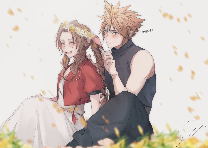 1boy 1girl aerith_gainsborough baggy_pants bare_shoulders blonde_hair blue_eyes blush braid braided_ponytail brown_hair closed_eyes cloud_strife couple cropped_jacket dress falling_petals feet_out_of_frame final_fantasy final_fantasy_vii final_fantasy_vii_rebirth final_fantasy_vii_remake flower grey_pants grey_shirt hair_between_eyes hair_ribbon hand_in_another's_hair head_wreath hetero highres jacket long_dress long_hair open_mouth pants parted_bangs petals pink_dress pink_ribbon red_jacket ribbon shirt short_hair short_sleeves sidelocks signature single_braid sitting sleeveless sleeveless_turtleneck smile spiked_hair turtleneck yellow_flower yellow_petals yuu_crazy_doll_sae