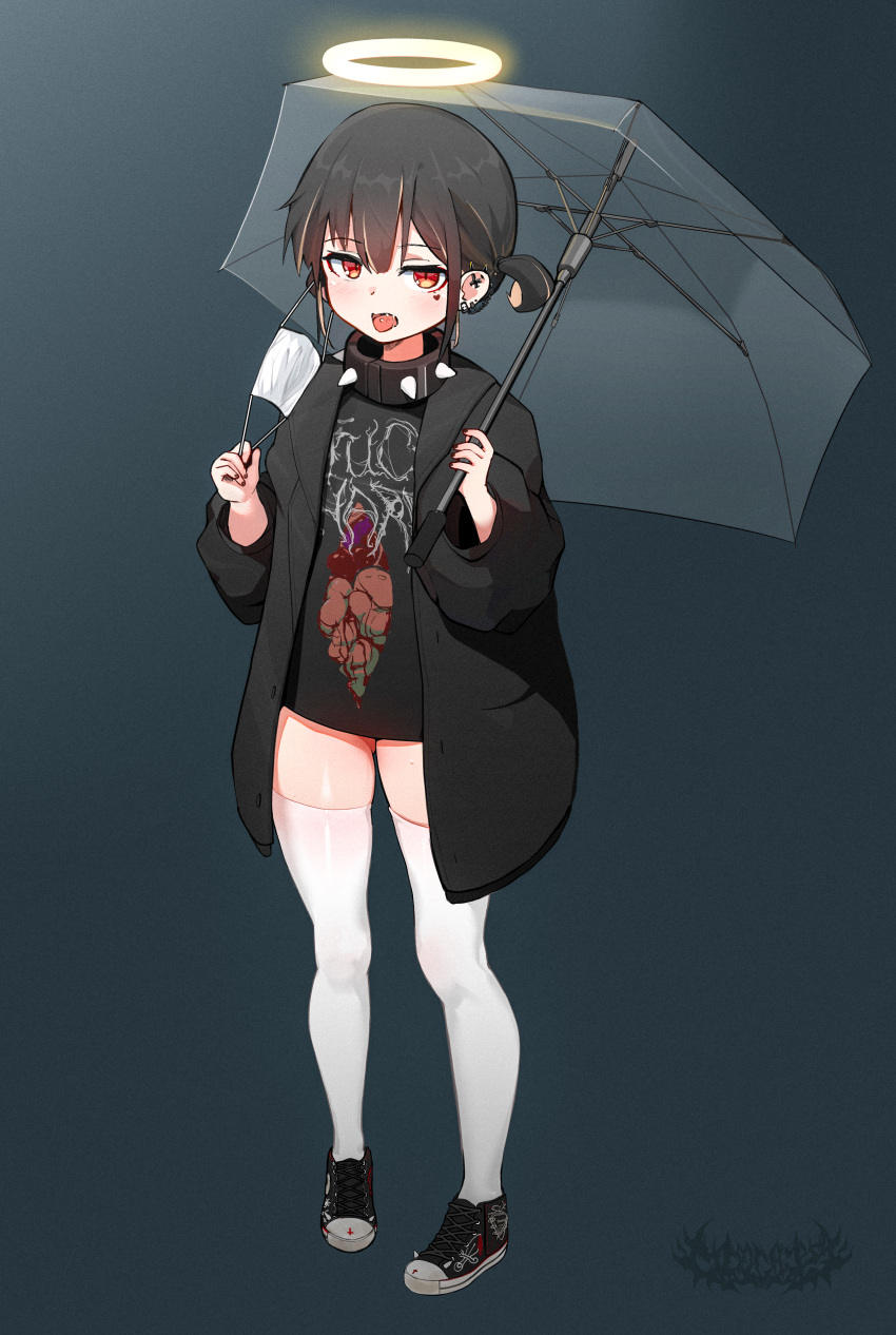 1girl absurdres black_hair black_jacket black_shirt blush chocpocalypse collar ear_piercing full_body halo highres holding holding_umbrella jacket mask mask_around_one_ear mouth_mask multicolored_hair open_clothes open_jacket open_mouth original piercing red_eyes shirt shoes short_twintails sneakers solo spiked_collar spikes streaked_hair thighhighs tongue tongue_out twintails two-tone_hair umbrella white_thighhighs