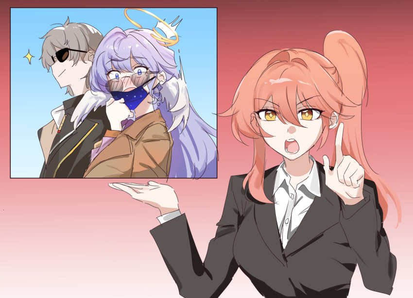 1boy 2girls black_coat black_suit blush breaking_news brown_coat caelus_(honkai:_star_rail) coat couple glasses grey_hair guinaifen_(honkai:_star_rail) head_wings highres honkai:_star_rail honkai_(series) kame_(addlechicken) mask mouth_mask multiple_girls news orange_hair purple_eyes purple_hair robin_(honkai:_star_rail) suit sunglasses trailblazer_(honkai:_star_rail) upper_body wings yellow_eyes