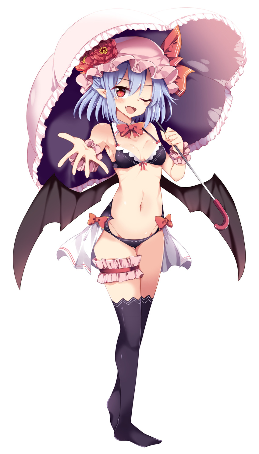 bare_shoulders bat_wings bikini black_bikini black_legwear black_wings blue_hair bow breasts cleavage commentary_request detached_collar fang flower full_body groin hat hat_flower hat_ribbon highres holding holding_umbrella leg_garter looking_at_viewer maturiuta_sorato mob_cap navel no_shoes outstretched_arm pink_hat pointy_ears red_bow red_eyes red_flower remilia_scarlet ribbon simple_background small_breasts solo standing stomach swimsuit thigh_gap thighhighs touhou umbrella white_background wings wrist_cuffs