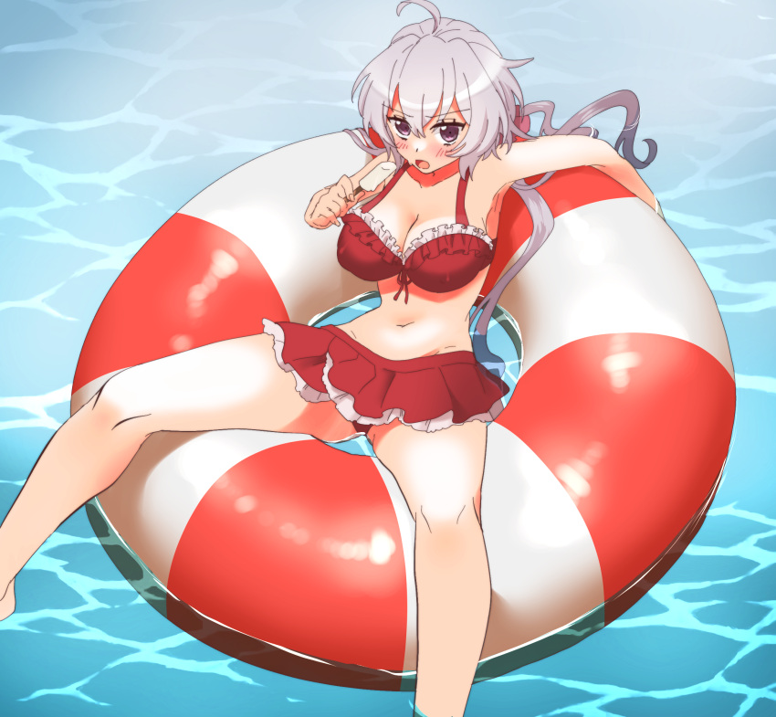 1girl afloat ahoge bikini bikini_skirt breasts cleavage covered_nipples food frilled_bikini frills grey_hair highres holding holding_food holding_ice_cream ice_cream innertube large_breasts long_hair looking_at_viewer on_innertube open_mouth pojitaro purple_eyes red_bikini senki_zesshou_symphogear solo spread_legs stomach swim_ring swimsuit water yukine_chris