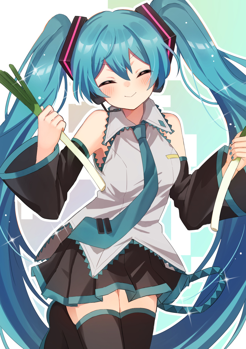 1girl ^_^ absurdres aqua_hair aqua_nails black_sleeves blush boots closed_eyes detached_sleeves food grey_shirt hatsune_miku headset highres holding holding_food long_hair meruko-san multicolored_background necktie shirt smile spring_onion thigh_boots twintails vocaloid