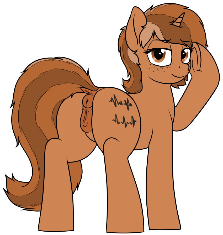 2018 alpha_channel anatomically_correct anatomically_correct_pussy animal_genitalia animal_pussy anus brown_hair butt cutie_mark digital_media_(artwork) dock equine equine_pussy fan_character female feral freckles hair hi_res hooves horn looking_at_viewer mammal my_little_pony pussy sign_(character) simple_background solo transparent_background unicorn zippysqrl