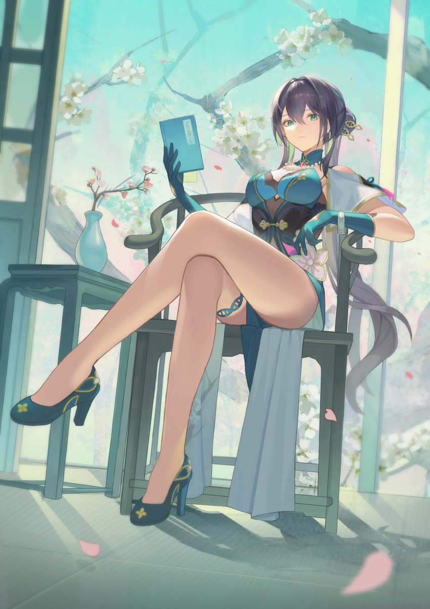 1girl absurdres bare_legs bare_shoulders bead_necklace beads black_hair book bracelet branch breasts chair cherry_blossoms clothing_cutout commentary_request crossed_legs dress earrings flower full_body gloves green_dress green_eyes green_gloves hair_between_eyes hair_bun hair_intakes high_heels highres holding holding_book honkai:_star_rail honkai_(series) jewelry lllluly_k long_hair medium_breasts multicolored_hair necklace on_chair pelvic_curtain petals ruan_mei_(honkai:_star_rail) see-through shoulder_cutout sidelocks sitting solo streaked_hair table thigh_strap thighs vase very_long_hair