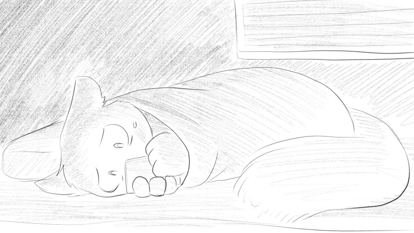 16:9 animal_crossing anthro bed biped bodily_fluids dragonweirdo electronics english_text fur furniture hi_res holding_object holding_phone male mammal marshal_(animal_crossing) monochrome nintendo on_bed phone rodent sciurid solo sweat tail text tree_squirrel widescreen