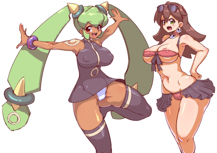 2girls absurdres areola_slip breasts brown_hair choker dark-skinned_female dark_skin earrings green_eyes green_hair highres jewelry large_breasts long_hair mega_man_(series) mega_man_legends_(series) mega_man_legends_2 multiple_girls navel open_mouth panties ryoi simple_background smile swimsuit thighhighs tron_bonne_(mega_man) twintails underwear white_panties yuna_(mega_man)