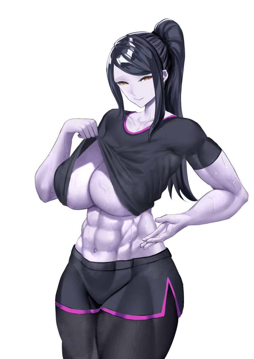 1girl abs black_hair breasts cleavage clothes_lift colored_skin cowboy_shot highres large_breasts lilliana_formonde long_hair looking_at_viewer muscular muscular_female no_bra original ponytail purple_skin shirt_lift short_sleeves simple_background smile solo sweat white_background yellow_eyes