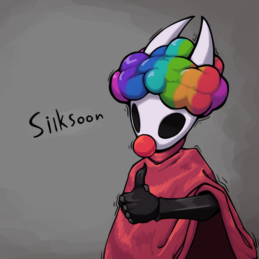 2024 2_horns 5_fingers arthropod black_arms black_body black_eyes black_hands cloak clothed clothing clown_costume clown_nose digital_media_(artwork) female fingers glistening glistening_clothing grey_background hi_res hollow_knight hollow_knight:_silksong horn hornet_(hollow_knight) nails red_cloak red_clothing sharpski simple_background solo team_cherry twitching