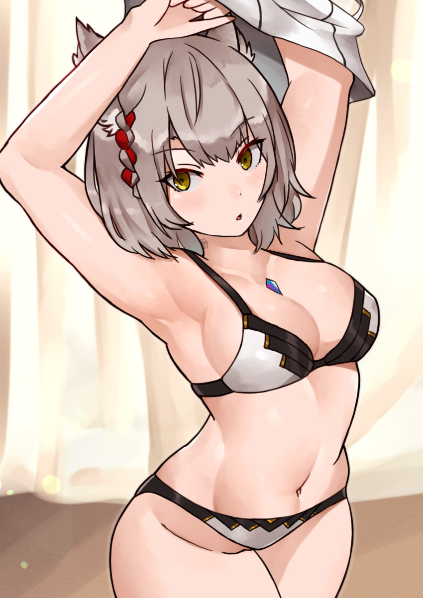 absurdres animal_ears armpits arms_up black_bra black_panties bra braid breasts cat_ears chest_jewel cleavage commentary_request core_crystal_(xenoblade) grey_hair highres looking_at_viewer medium_breasts mio_(xenoblade) navel open_mouth panties short_hair solo two-tone_bra two-tone_panties underwear undressing white_bra white_panties xenoblade_chronicles_(series) xenoblade_chronicles_3 yellow_eyes yotsuha_uni