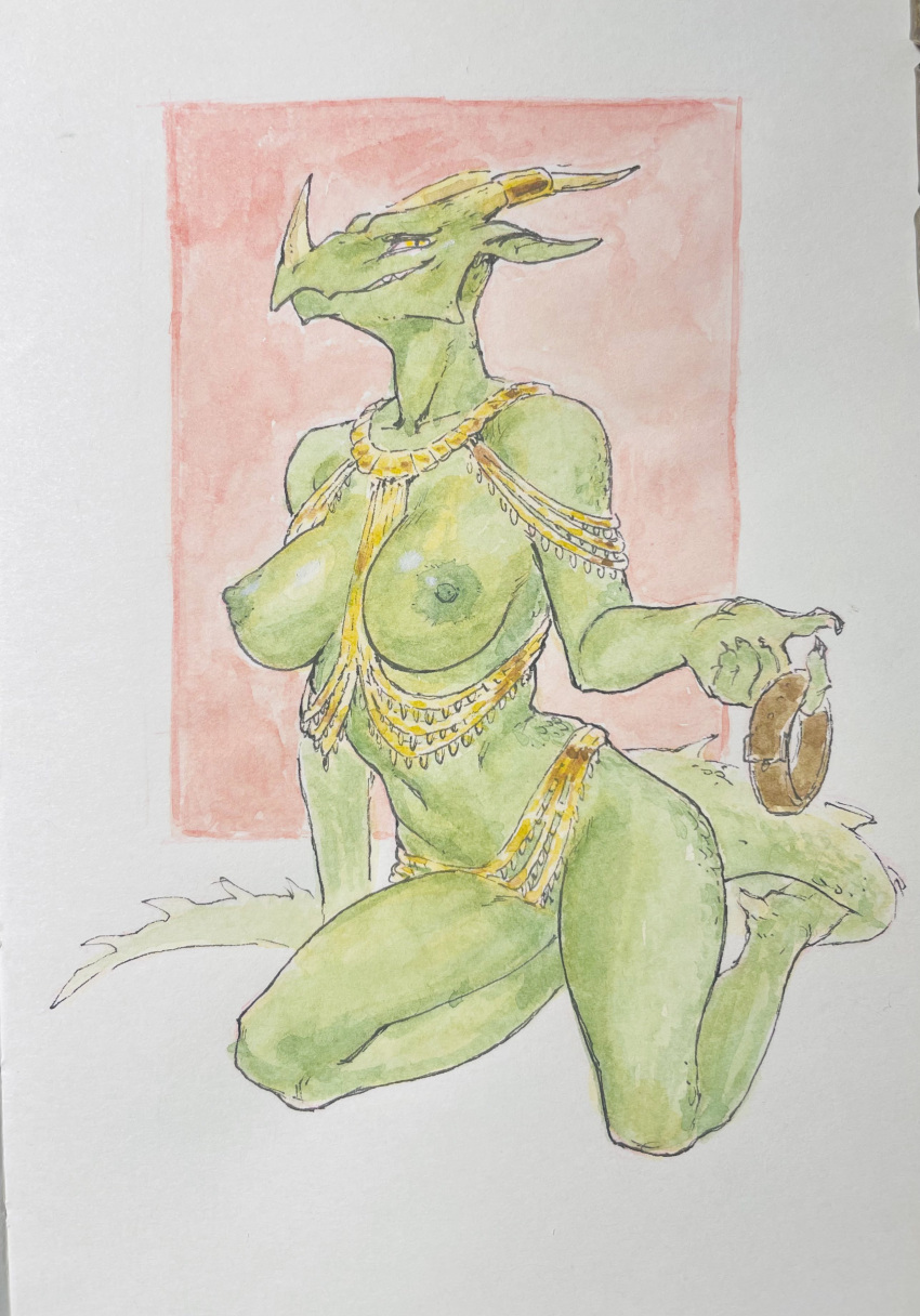 absurd_res adressa_(sindri) anthro breasts collar female furgonomics gold green hi_res horn neracoda nude painting_(artwork) smile solo traditional_media_(artwork) watercolor_(artwork)