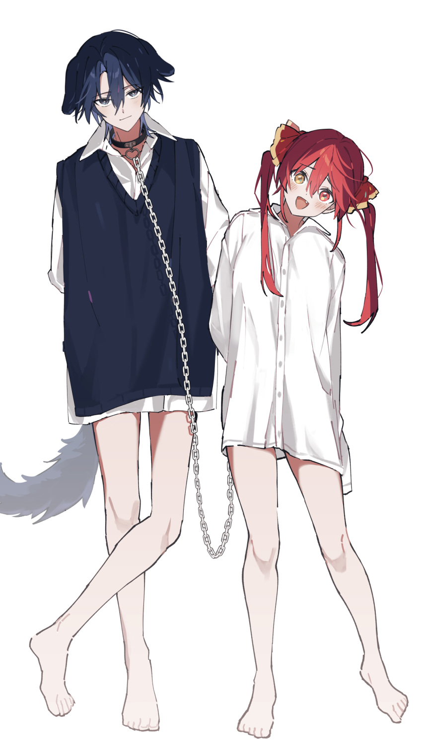 2girls :d absurdres animal_ears bare_legs blue_hair blue_sweater_vest blue_tail blush chain chain_leash closed_mouth dog_ears fang full_body grey_eyes hair_ribbon head_tilt heterochromia highres hiodoshi_ao hololive hololive_dev_is houshou_marine leash long_sleeves looking_at_viewer multiple_girls no_pants open_mouth planetzer_0 red_eyes red_hair red_ribbon ribbon shirt short_hair simple_background smile sweater_vest twintails virtual_youtuber white_background white_shirt yellow_eyes
