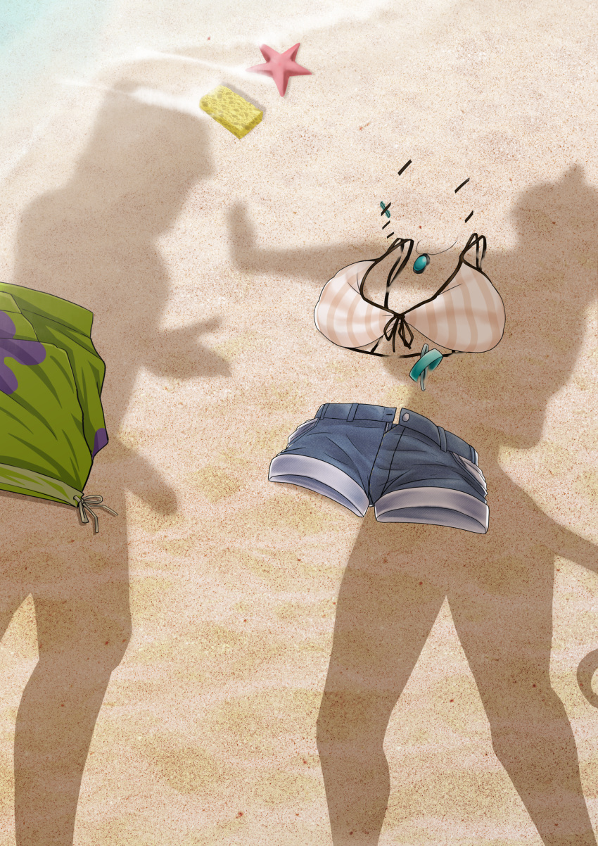 1boy 1girl aariyoo animal_ears arknights commission day doctor_(arknights) dressed_shadow_(meme) erection highres implied_nudity looking_at_another meme outstretched_arm penis_shadow sand shadow shorts standing tail unworn_bikini_top unworn_clothes unworn_shorts utage_(arknights)