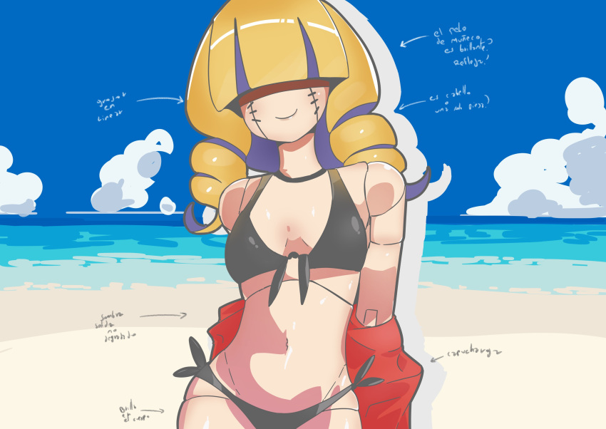 1girl arrow_(symbol) beach bikini black_bikini blonde_hair blunt_bangs blush breasts chaperomon cloud daniel_uribe digimon digimon_(creature) doll doll_joints drill_hair english_commentary hair_over_eyes highres jacket joints medium_hair navel ocean off_shoulder red_jacket side-tie_bikini_bottom small_breasts smile solo stitched_face stitches swimsuit translation_request twin_drills