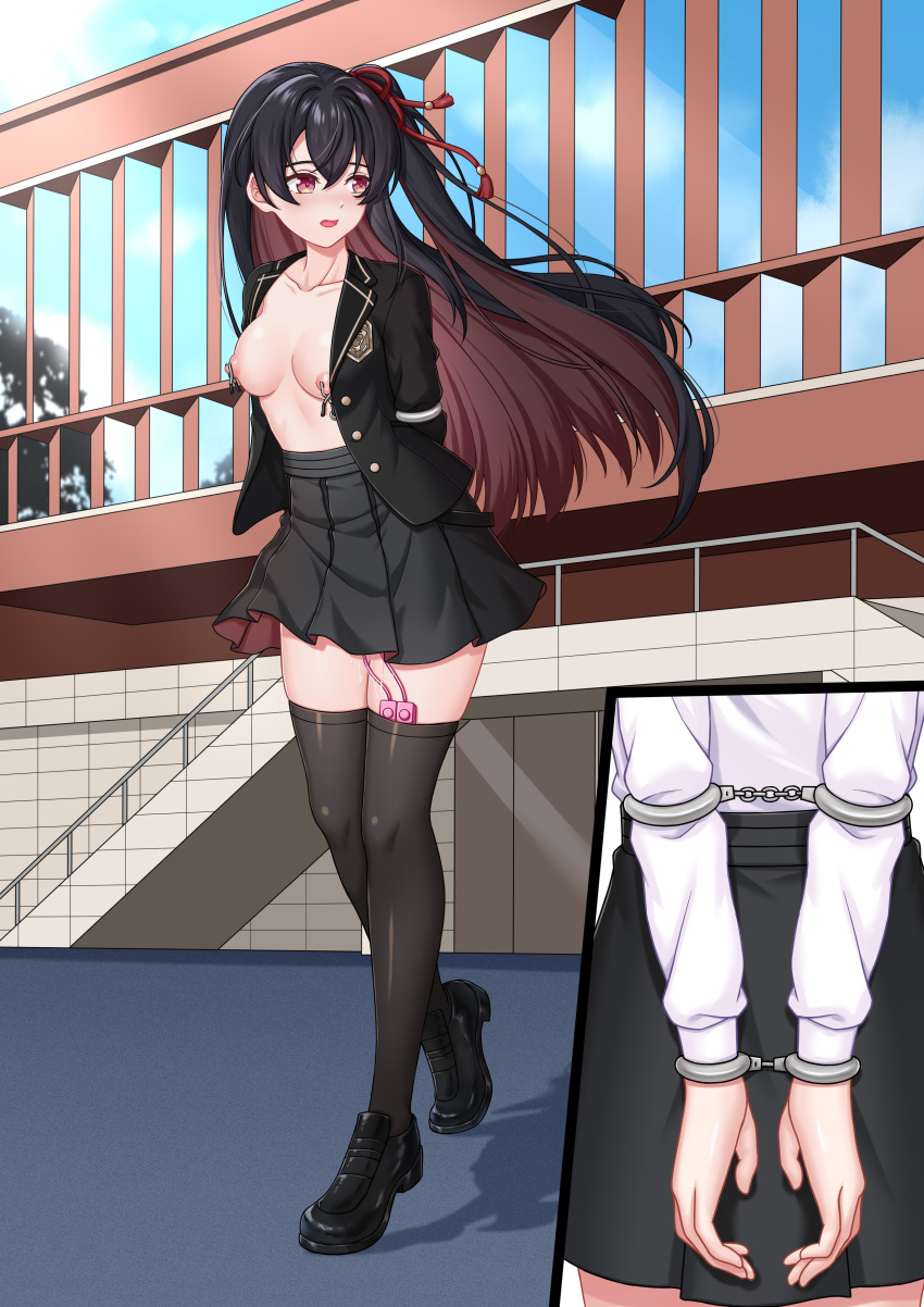 1girl absurdres bdsm black_hair black_jacket black_skirt bound bound_arms bound_wrists breasts brown_eyes brown_hair chain collarbone colored_inner_hair cuffs elbow_cuffs handcuffs highres indie_virtual_youtuber jacket kenen_tanabata loafers long_hair medium_breasts multicolored_hair naked_jacket nipple_clamps nipples outdoors projected_inset sex_toy shoes side_ponytail skirt solo thighhighs topless two-tone_hair vibrator vibrator_in_thighhighs walking
