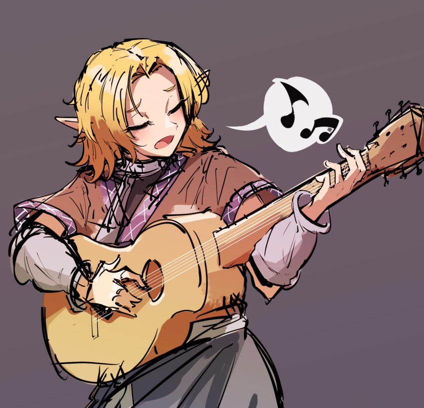 1girl acoustic_guitar arm_warmers black_shirt black_skirt blonde_hair brown_shirt closed_eyes cookie_(touhou) cowboy_shot grey_background guitar highres holding holding_guitar holding_instrument instrument joker_(cookie) medium_hair mizuhashi_parsee music musical_note odoro_(nicoseiga81184094) open_mouth parted_bangs playing_instrument pointy_ears shirt short_sleeves simple_background sketch skirt solo spoken_musical_note touhou undershirt