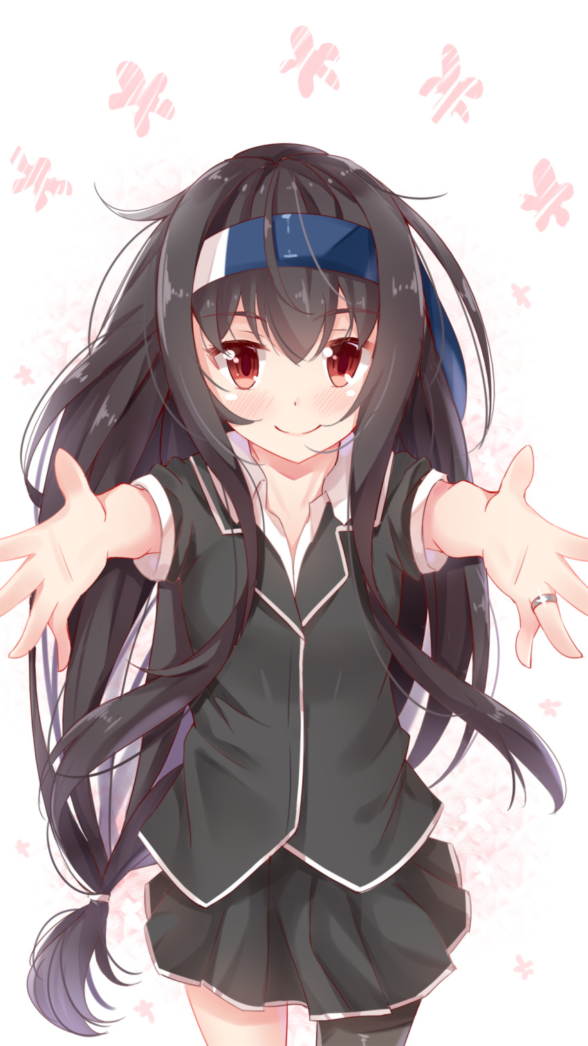 black_hair black_jacket black_legwear black_skirt blazer blush eyebrows_visible_through_hair hair_between_eyes hair_tie hatsushimo_(kantai_collection) headband highres jacket jewelry kantai_collection long_hair looking_at_viewer low-tied_long_hair nahaki outstretched_arms pleated_skirt red_eyes remodel_(kantai_collection) ring short_sleeves single_thighhigh skirt smile solo thighhighs very_long_hair wedding_band