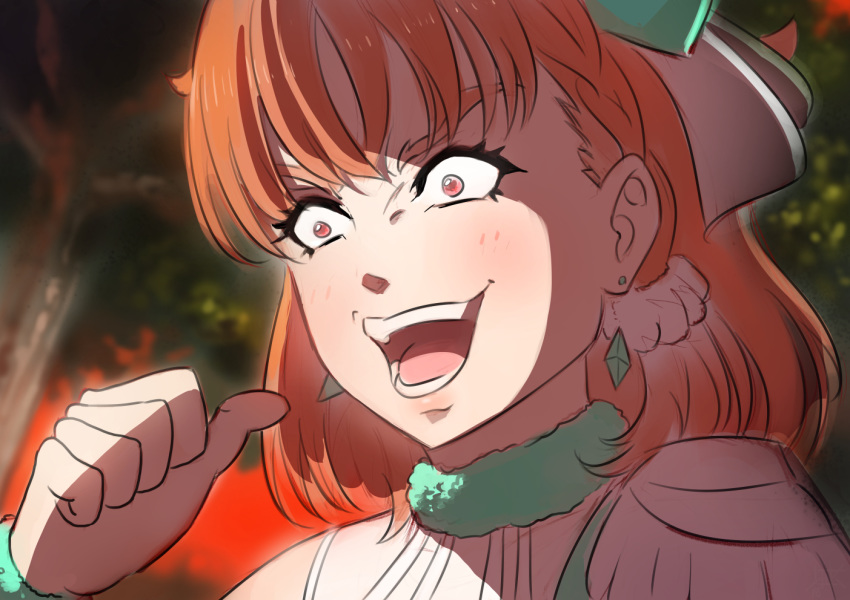 awaken_the_power bangs braid commentary cubehero earrings jewelry jojo_no_kimyou_na_bouken love_live! love_live!_sunshine!! meme orange_hair parody pointing pointing_at_self red_eyes short_hair side_braid solo takami_chika thumbs_up too_bad!_it_was_just_me!