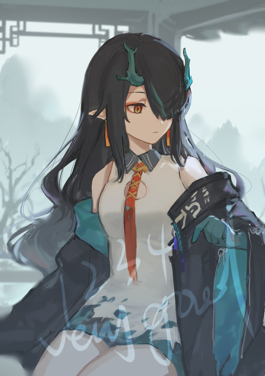 1girl absurdres aqua_hair aqua_jacket arknights bare_shoulders black_hair black_jacket china_dress chinese_clothes chinese_commentary closed_mouth collared_dress commentary_request cowboy_shot dragon_girl dragon_horns dress dusk_(arknights) hair_over_one_eye highres horns jacket long_hair long_sleeves looking_down multicolored_hair necktie off_shoulder one_eye_covered open_clothes open_jacket orange_eyes red_necktie short_dress sitting sleeveless sleeveless_dress solo sparklings_(1234_hen_hao_chi) streaked_hair watermark wide_sleeves