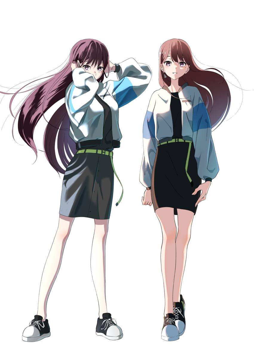 1girl absurdres bang_dream! bang_dream!_it's_mygo!!!!! black_footwear black_shirt black_skirt brown_hair commentary_request floating_hair full_body hands_up highres jacket long_hair looking_at_viewer mole mole_under_eye multiple_views open_clothes open_jacket parted_lips pencil_skirt purple_eyes shiina_taki shirt shoes shu_atelier simple_background skirt smile sneakers white_background white_jacket