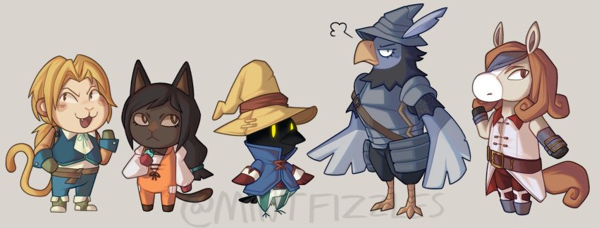 absurdres adelbert_steiner animal_crossing animal_crossing_(style) animal_focus armor ascot beatrix_(ff9) belt bird black_hair blonde_hair blue_coat blue_pants blue_vest blush_stickers bodysuit boots breastplate bright_pupils brown_eyes brown_hair brown_hat cat chainmail coat collared_shirt curly_hair english_commentary fang faulds final_fantasy final_fantasy_ix garnet_til_alexandros_xvii gloves green_footwear green_gloves grey_background hand_on_own_hip hat highres horse jewelry juliet_sleeves long_hair long_sleeves looking_to_the_side low-tied_long_hair low_ponytail mintfizzles monkey morion necklace no_humans open_mouth orange_bodysuit pants parody pauldrons pendant puffy_sleeves red_gloves red_pants serious shirt shoulder_armor shoulder_belt sigh simple_background standing striped_clothes striped_pants twitter_username vertical-striped_clothes vertical-striped_pants vest vivi_ornitier white_ascot white_coat witch_hat yellow_eyes zidane_tribal