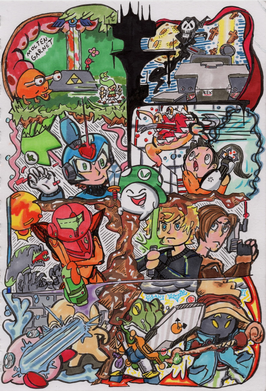 absurdres chell_(portal) empress_bulblax headcrab highres kirby leon_s._kennedy luke_skywalker marker metroid molten_garnet muppets nintendo red_pikmin resident_evil samus_aran star_wars the_legend_of_zelda the_legend_of_zelda:_the_minish_cap traditional_media vinesauce vineshroom vinny_(vinesauce)