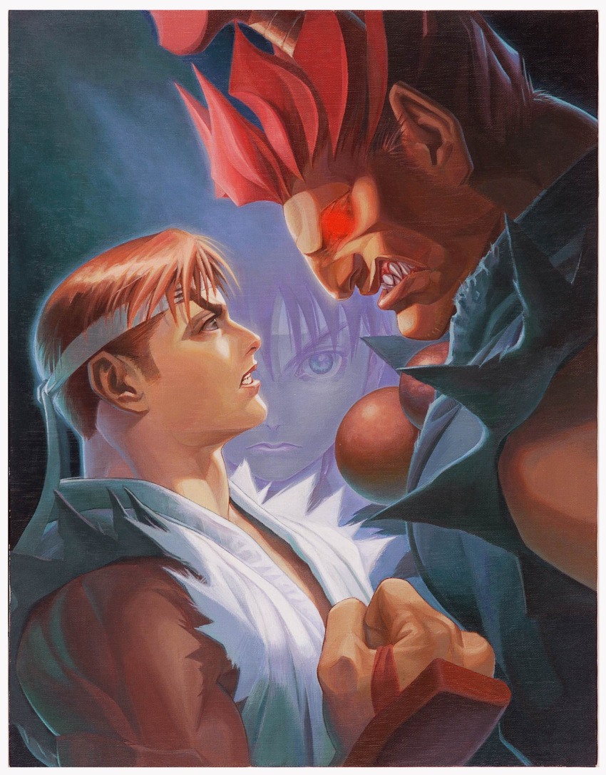 1girl 2boys absurdres akuma_(street_fighter) archived_source bare_shoulders bead_necklace beads blue_eyes brown_hair clenched_hand clenched_teeth dark-skinned_male dark_skin dougi from_side glowing glowing_eyes headband highres jewelry karate_gi kasugano_sakura looking_at_another looking_at_viewer multiple_boys necklace official_art parted_lips pink_lips red_eyes red_hair ryu_(street_fighter) shirt spiked_hair street_fighter street_fighter_zero_(series) teeth torn_clothes torn_shirt upper_body white_headband