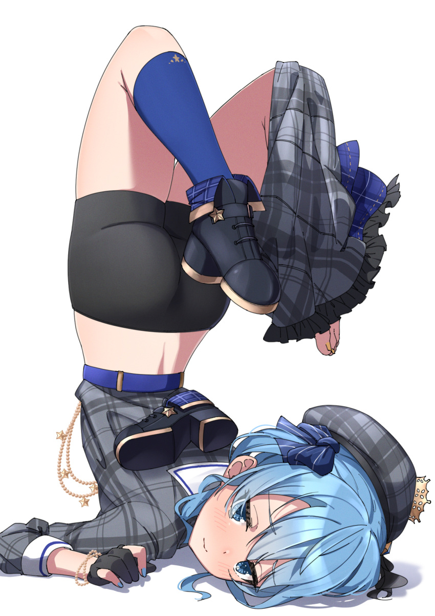 1girl ass bike_shorts black_footwear black_gloves black_shorts blue_eyes blue_hair blue_nails blue_socks blush closed_mouth eru_(l_illust45) fingernails full_body gloves hashtag-only_commentary highres hololive hoshimachi_suisei hoshimachi_suisei_(1st_costume) legs_up light_blue_hair looking_at_viewer midriff nail_polish partially_fingerless_gloves plaid plaid_headwear plaid_shirt plaid_skirt shirt shorts simple_background single_barefoot skirt skirt_around_one_leg socks solo thighs top-down_bottom-up unworn_skirt virtual_youtuber white_background