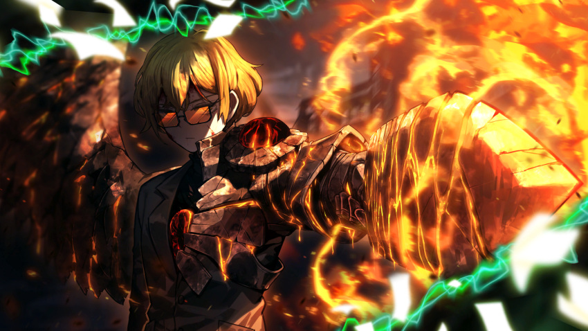 1boy armor blonde_hair blood blood_on_face e.g.o_(project_moon) fire game_cg glasses grey_jacket highres holding holding_sword holding_weapon jacket library_of_ruina limbus_company nai_ga official_art project_moon short_hair sinclair_(project_moon) single_wing solo sword weapon wings