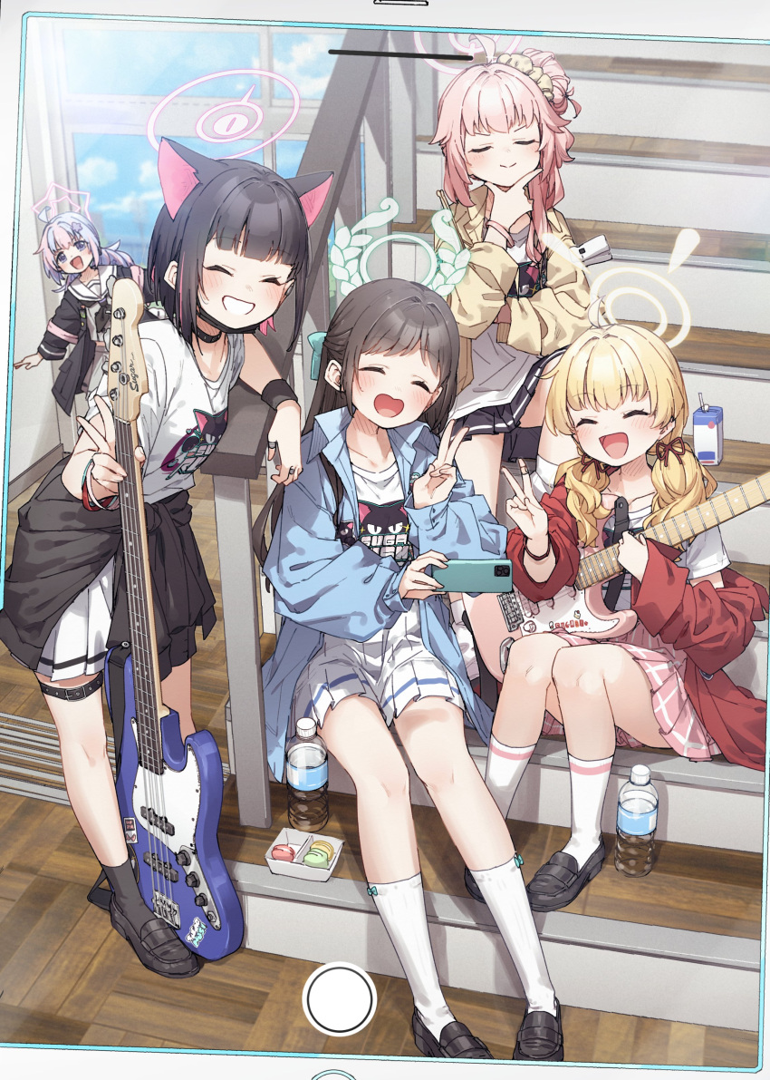 5girls absurdres after-school_sweets_club_(blue_archive) airi_(blue_archive) animal_ears black_footwear black_hair black_jacket black_skirt black_socks blonde_hair blue_archive blue_jacket bow bow_legwear cat_ears choker closed_eyes closed_mouth clothes_around_waist facing_viewer green_bow hair_bow hair_bun hair_ribbon halo hand_up highres jacket jacket_around_waist kazusa_(band)_(blue_archive) kazusa_(blue_archive) kneehighs loafers long_hair long_sleeves low_twintails multicolored_hair multiple_girls natsu_(band)_(blue_archive) natsu_(blue_archive) official_alternate_costume official_alternate_hairstyle open_clothes open_jacket open_mouth pink_hair red_jacket reisa_(blue_archive) ribbon shirt shoes short_hair short_sleeves single_hair_bun sitting skirt smile smug socks standing striped_clothes striped_socks twintails two-tone_hair v white_shirt white_skirt white_socks yoshimi_(band)_(blue_archive) yoshimi_(blue_archive) yukie_(kusaka_shi)