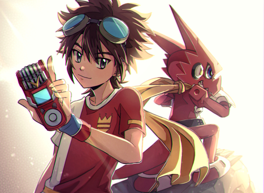 2boys armor belt blue_eyes breastplate brown_hair colored_skin crown_(symbol) digimon digimon_xros_wars digimon_xros_wars:_toki_wo_kakeru_shounen_hunter-tachi dragon english_commentary goggles goggles_on_head holding kudou_taiki light multiple_boys pu_lyong red_shirt red_skin scarf shirt short_sleeves shoutmon_king_ver. smile smirk yellow_scarf