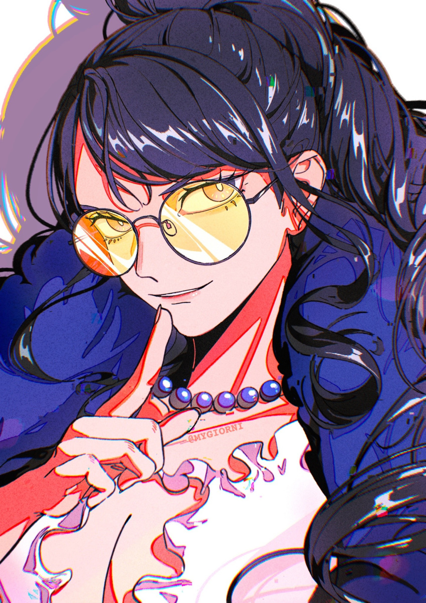 1girl black_hair breasts cleavage close-up dress english_commentary eyelashes feather_boa frilled_dress frills highres index_finger_raised jewelry light_smile looking_at_viewer mygiorni necklace nico_robin one_piece one_piece_film:_gold pearl_necklace ponytail shadow smile solo sunglasses swept_bangs tinted_eyewear twitter_username upper_body white_dress yellow-tinted_eyewear