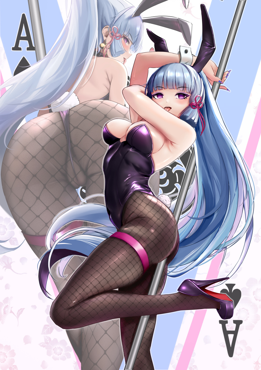 1girl absurdres ace_(playing_card) ace_of_spades alternate_costume alternate_eye_color animal_ears black_leotard blue_eyes blue_hair blunt_bangs bow breasts card corruption fake_animal_ears fake_tail fishnet_pantyhose fishnets genshin_impact hair_ribbon high_heels highleg highleg_leotard highres hypnosis kamisato_ayaka leotard long_hair looking_at_viewer mind_control multiple_views pantyhose perianist playboy_bunny playing_card pole_dancing ponytail rabbit_ears rabbit_tail ribbon smile solo spade_(shape) strapless strapless_leotard tail tongue tongue_out wedgie wrist_cuffs