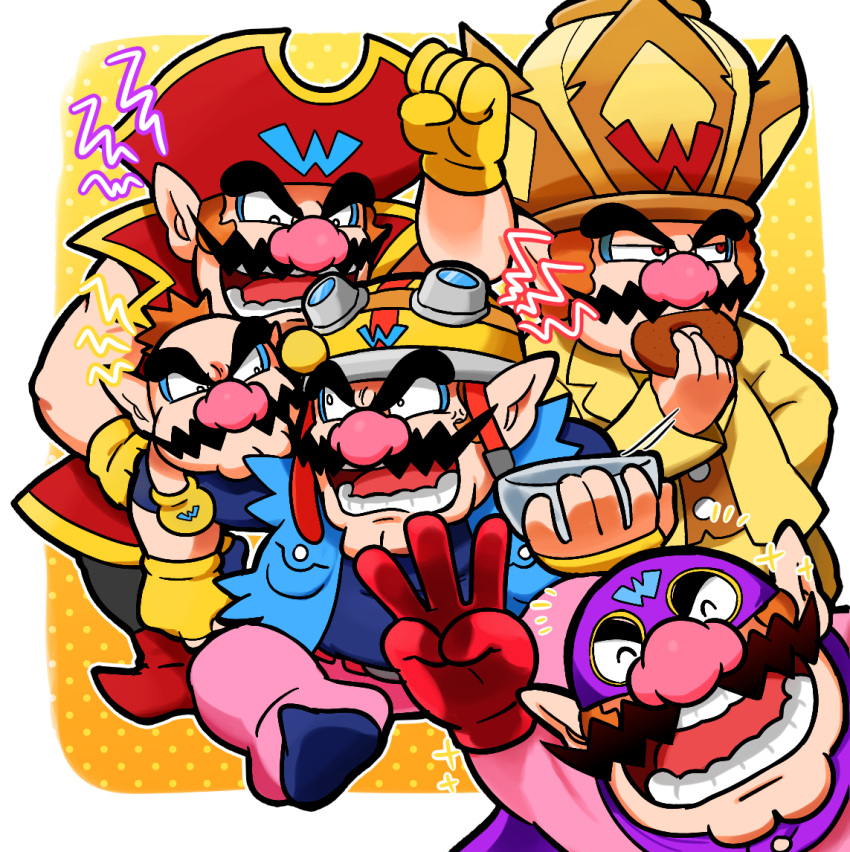 5boys big_nose cleft_chin doughnut facial_hair fingerless_gloves food gloves goggles goggles_on_headwear hat helmet holding_doughnut hoshi_(star-name2000) motorcycle_helmet multiple_boys mustache pants pink_pants pirate_costume pirate_hat pointy_ears pot_on_head red_eyes red_gloves superhero_costume tiny_wario wario wario-man wario_deluxe warioware yellow_gloves