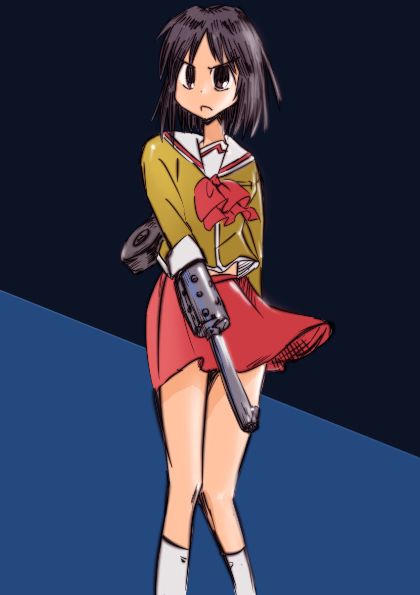 1girl absurdres ascot black_hair brown_eyes brown_shirt fukuokasaga gun highres looking_at_viewer nichijou red_ascot red_skirt robot_girl sailor_collar school_uniform shinonome_nano shirt short_hair skirt socks solo standing tokisadame_school_uniform weapon white_sailor_collar white_socks winding_key