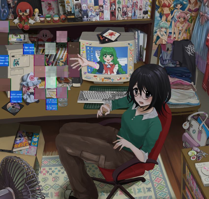 2girls absurdres aqua_(sorahane) artist_self-insert black_eyes black_hair black_shirt blastoise box cardboard_box carpet catherine catherine_(game) chair character_request clutter commentary copyright_request crt electric_fan embodiment_of_scarlet_devil eric_cartman figure forte_stollen fujiwara_no_mokou full_body fumo_(doll) galaxy_angel game_console glitch green_eyes hair_between_eyes hakurei_reimu hatsune_miku highres higurashi_no_naku_koro_ni imperishable_night kagamine_len kamado_nezuko kenny_mccormick keyboard_(computer) kimetsu_no_yaiba kirby kirby_(series) knuckles_the_echidna kyle_broflovski leekspin_(meme) link long_bangs long_hair looking_at_viewer lovekami lunaris_filia m40u mahou_shoujo_madoka_magica me-tan meme mewtwo milfeulle_sakuraba minami_kaede_(aqua) mint_blancmanche multiple_girls my_melody nendoroid notebook office_chair onegai_my_melody open_mouth original os-tan playstation_1 pokemon poster_(object) ranpha_franboise ribon_(shueisha) ryuuguu_rena saigyouji_yuyuko sakura_taisen sanrio saya_(saya_no_uta) saya_no_uta shameimaru_aya shinguuji_sakura shirt short_hair sitting sonic_(series) south_park stan_marsh swivel_chair sylvia_luna_infinitus table the_legend_of_zelda the_legend_of_zelda:_breath_of_the_wild through_medium through_screen tomoe_mami touhou unworn_shirt vanilla_h video_game_cover_(object) vocaloid windows_98 wooden_chair