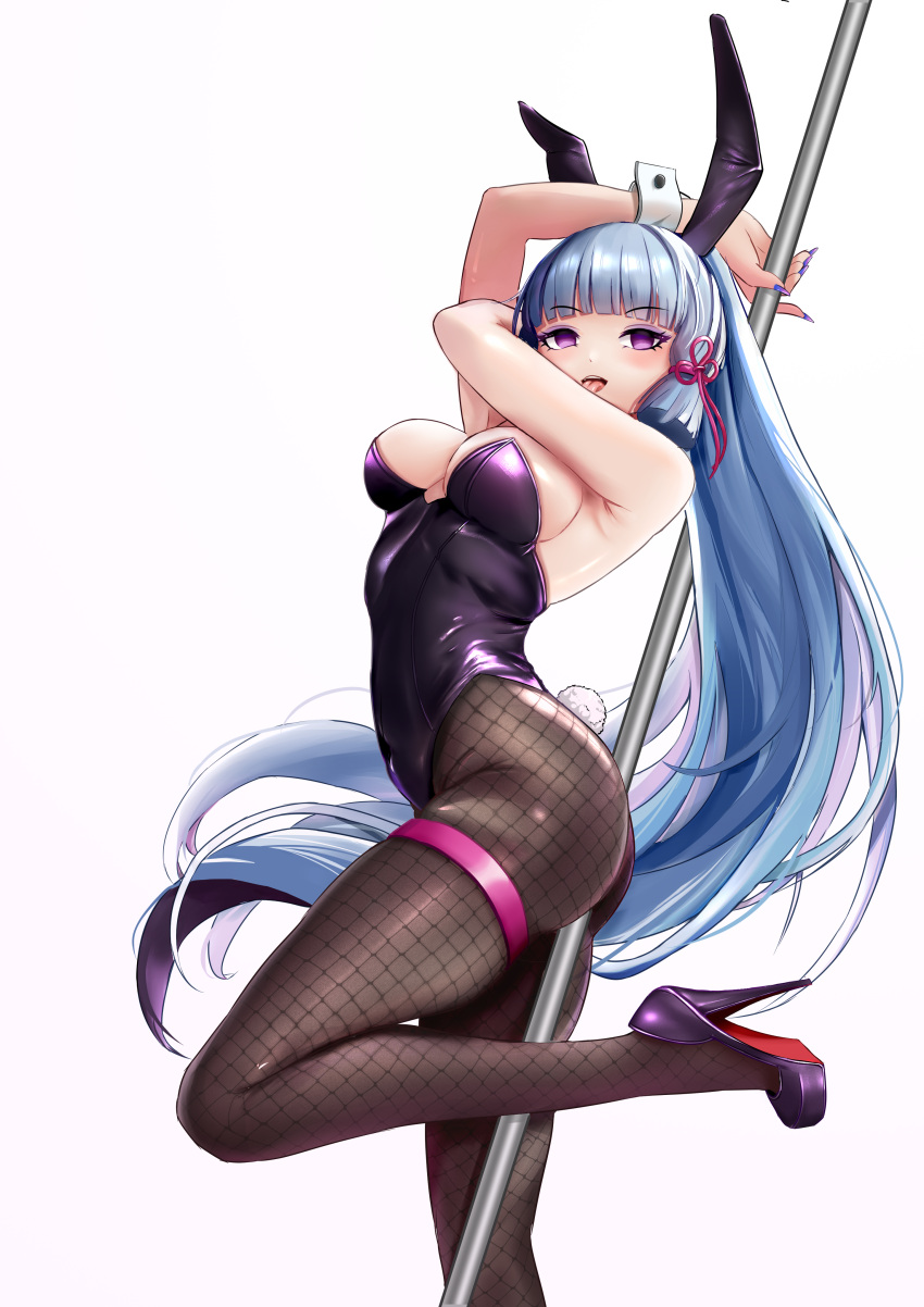 1girl absurdres ace_(playing_card) ace_of_spades alternate_costume alternate_eye_color animal_ears black_leotard blue_eyes blue_hair blunt_bangs bow breasts card corruption fake_animal_ears fake_tail fishnet_pantyhose fishnets genshin_impact hair_ribbon high_heels highleg highleg_leotard highres hypnosis kamisato_ayaka leotard long_hair looking_at_viewer mind_control pantyhose perianist playboy_bunny playing_card pole_dancing ponytail rabbit_ears rabbit_tail ribbon smile solo spade_(shape) strapless strapless_leotard tail tongue tongue_out wedgie wrist_cuffs