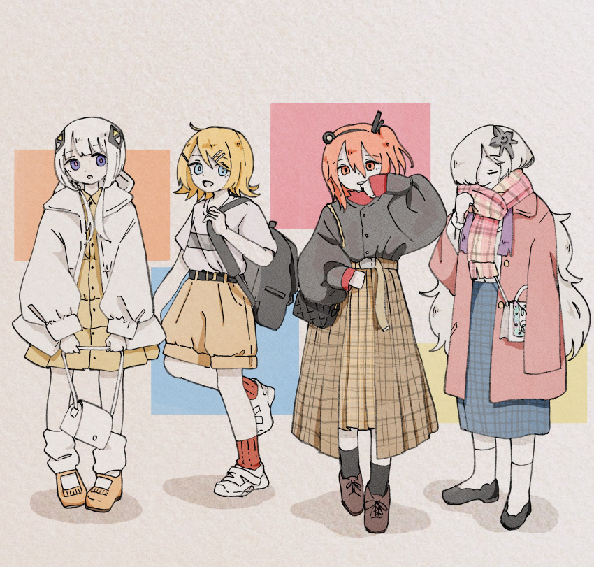 4girls a.i._voice absurdres adachi_rei backpack bag black_bag black_hairband black_socks black_sweater blonde_hair blue_eyes blue_skirt brown_shorts brown_skirt casual cevio coat commentary_request diamond_hair_ornament dress fashion flipped_hair full_body hair_between_eyes hair_ornament hairband hairclip headlamp highres jacket kafu_(cevio) kagamine_rin kamitsubaki_studio kneehighs layered_skirt lineup long_belt long_hair long_skirt long_sleeves loose_socks low_twintails medium_hair multicolored_eyes multiple_girls open_clothes open_coat open_jacket orange_eyes orange_hair plaid plaid_scarf plaid_skirt puffy_long_sleeves puffy_sleeves radio_antenna red_coat red_pupils red_shirt red_socks sabaku_(saba9) scarf sekai_(cevio) shirt shoes shorts shoulder_bag side_ponytail skirt sneakers socks standing sweater t-shirt traditional_media twintails utau very_long_hair vocaloid watercolor_pencil_(medium) wavy_hair white_hair white_jacket yellow_dress