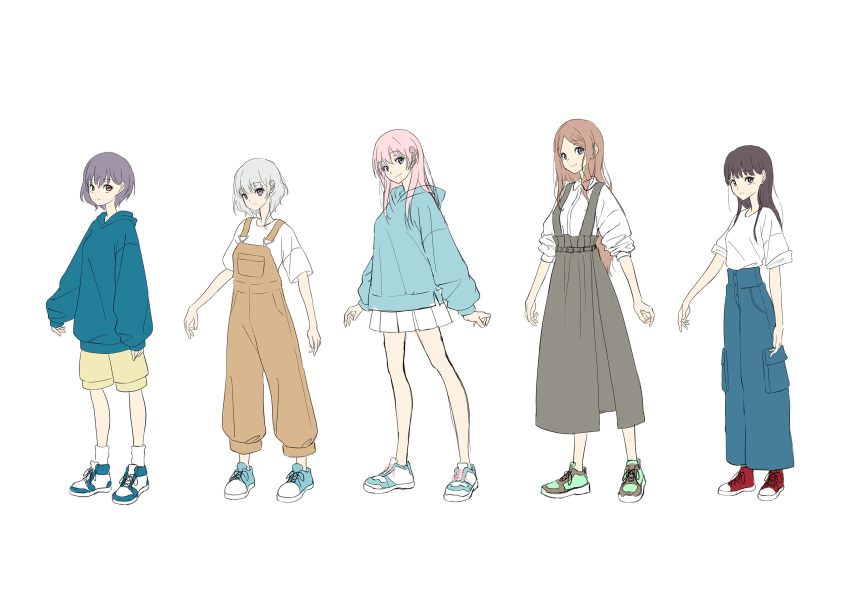 5girls absurdres bang_dream! bang_dream!_it's_mygo!!!!! bare_legs blue_eyes blue_footwear blue_hoodie blue_pants brown_hair brown_overalls chihaya_anon closed_mouth commentary_request dress full_body grey_dress grey_eyes grey_hair highres hood hoodie kaname_raana long_hair long_sleeves looking_at_viewer mole mole_under_eye multiple_girls mygo!!!!!_(bang_dream!) nagasaki_soyo overalls pants pinafore_dress pink_hair pleated_skirt purple_eyes red_eyes red_footwear shiina_taki shirt shoes short_hair short_sleeves shorts shu_atelier simple_background skirt sleeveless sleeveless_dress sleeves_past_wrists sleeves_rolled_up smile sneakers takamatsu_tomori white_background white_hair white_shirt white_skirt yellow_shorts