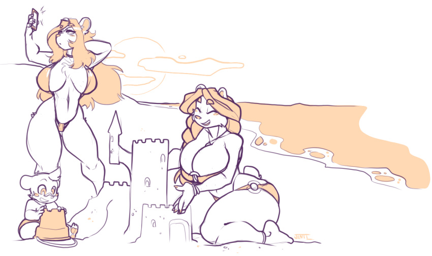 ambar anthro beach bear big_breasts bikini breasts child clothed clothing female group jintonic kneeling las_lindas male mammal naerie open_mouth outside phone sand_castle sculpture seaside selfie sitting sling_bikini smile standing swimsuit thick_thighs voluptuous wide_hips young