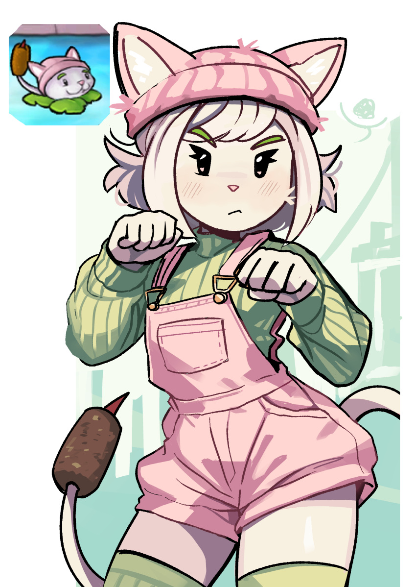 1girl :&lt; absurdres beanie cat_tail cattail cattail_(plants_vs_zombies) clenched_hands colored_skin commentary cowboy_shot creature_and_personification english_commentary green_hat green_sweater green_thighhighs hands_up hat highres long_sleeves looking_at_viewer overalls paw_pose peargor personification pink_overalls plant plants_vs_zombies reference_inset ribbed_sweater short_hair sweater tail thighhighs v-shaped_eyebrows white_hair white_skin