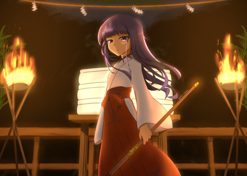 1girl blunt_bangs fire furude_rika hakama hakama_skirt highres higurashi_no_naku_koro_ni holding japanese_clothes kimono long_hair long_sleeves looking_at_viewer miko parted_lips purple_eyes purple_hair rin_(jirutt_suktawee) skirt solo