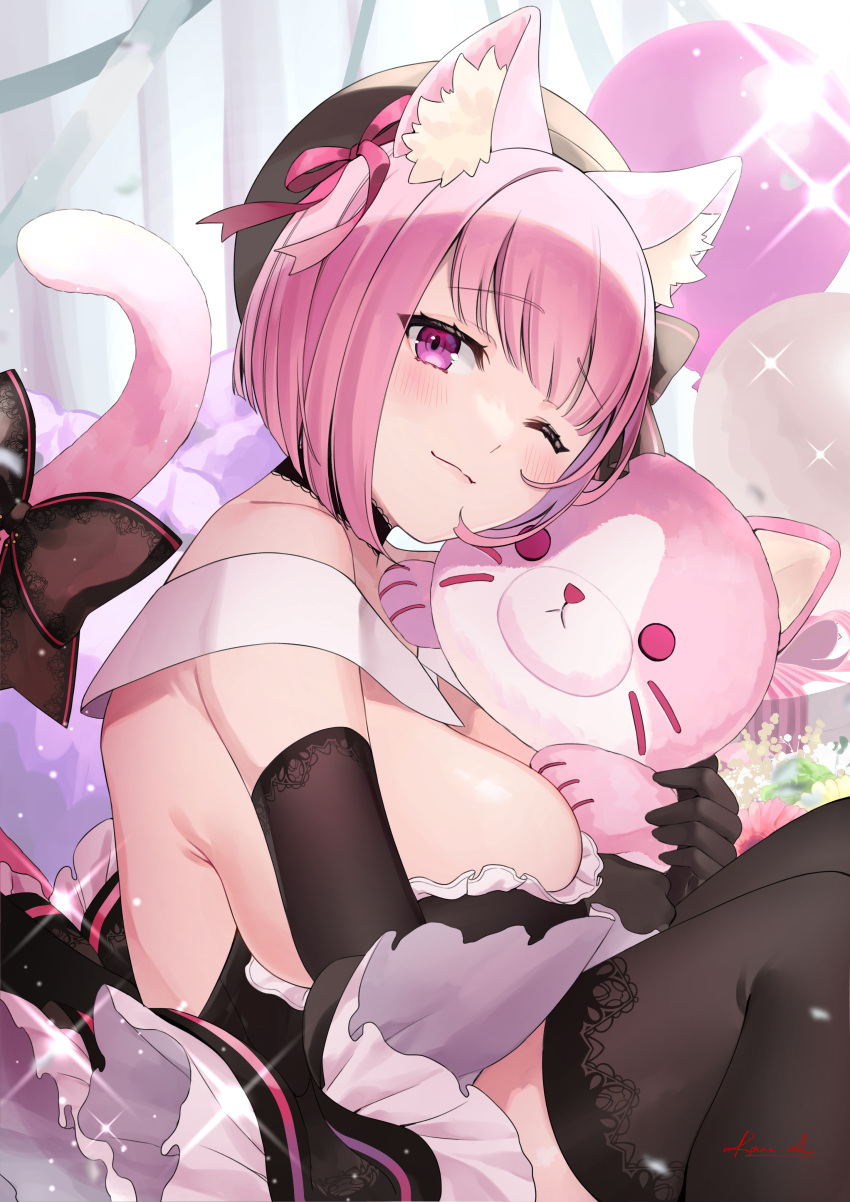 1girl ;) absurdres animal_ears balloon beret black_beret black_choker black_dress black_gloves black_hat black_thighhighs blush bob_cut bow breasts cat_ears cat_girl cat_tail choker closed_mouth commentary dress elbow_gloves gloves hat highres huge_breasts hugging_doll hugging_object indie_virtual_youtuber lace-trimmed_thighhighs looking_at_viewer official_alternate_costume official_alternate_hair_length official_alternate_hairstyle one_eye_closed pink_hair shima_koume short_dress short_hair sideboob smile solo strapless strapless_dress stuffed_animal stuffed_cat stuffed_toy tail tail_bow tail_ornament tenshouin_himeno thighhighs